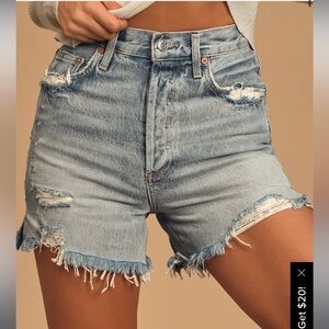 AGOLDE DEE light wash distressed denim high rise shorts